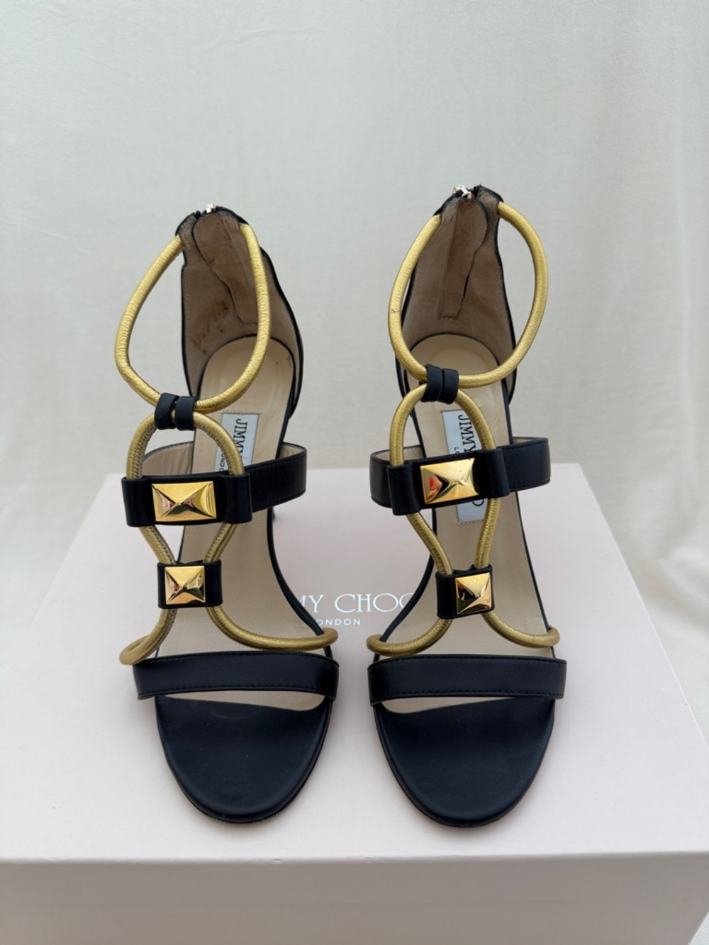 Jimmy Choo Black and Gold Loop-Strap High-Heel Sandals
